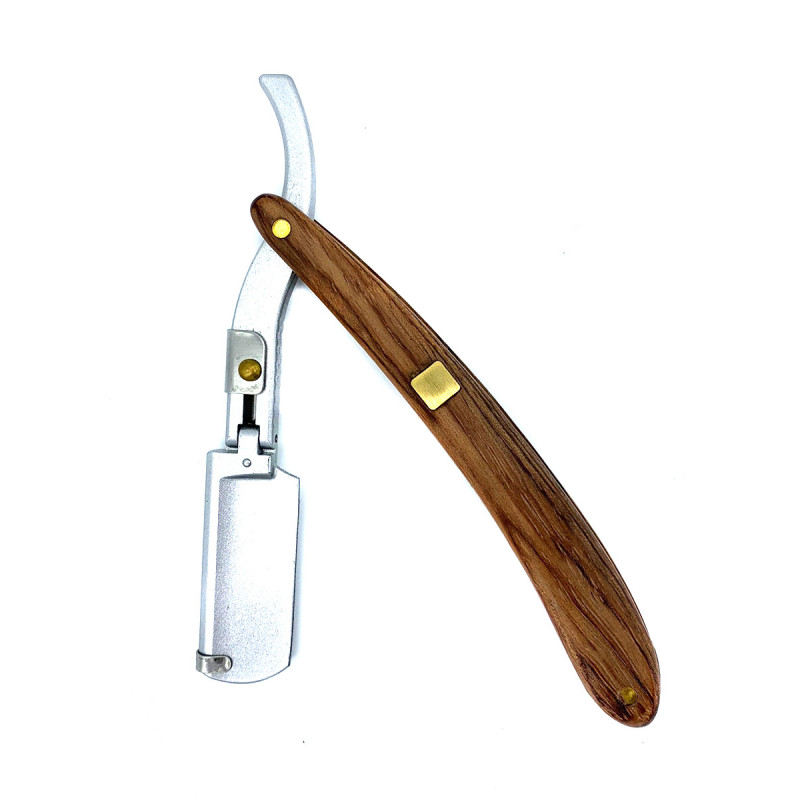 Опасная бритва с деревянной ручкой и серебристым металлом